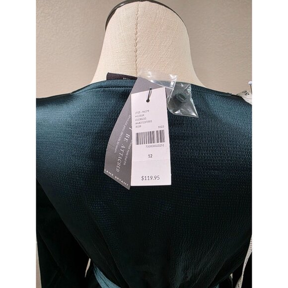 Lane Bryant Womens V-Neck Satin Dress With Tie Belt Dark Green Size 12 New With - Picture 5 of 14